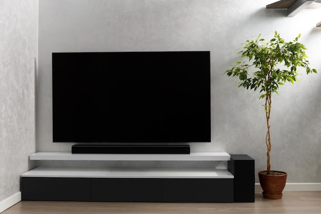 Nowoczesny salon z telewizorem i sprzętem hi-fi Soundbar