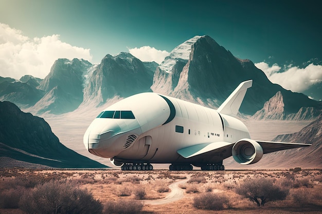 Nowoczesny samolot pasażerski w postaci futurystycznego samolotu transportowego przyszłości na tle gór cre