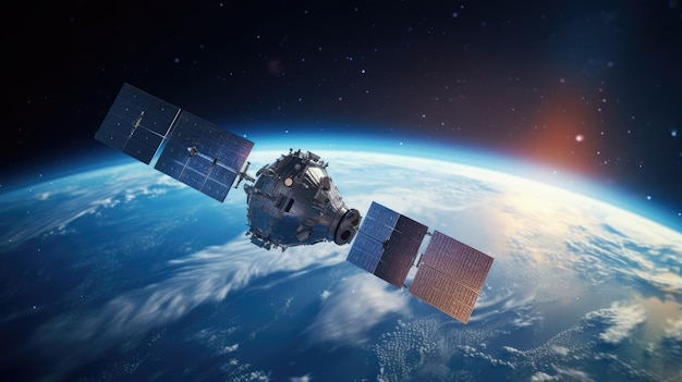 Nowoczesny satelita statek kosmiczny krążący wokół Ziemi Satelita śledzi technologię Earth Space
