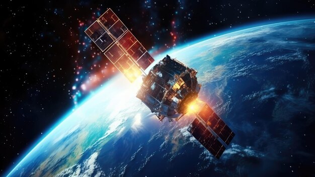 Nowoczesny satelita statek kosmiczny krążący wokół Ziemi Satelita śledzi technologię Earth Space