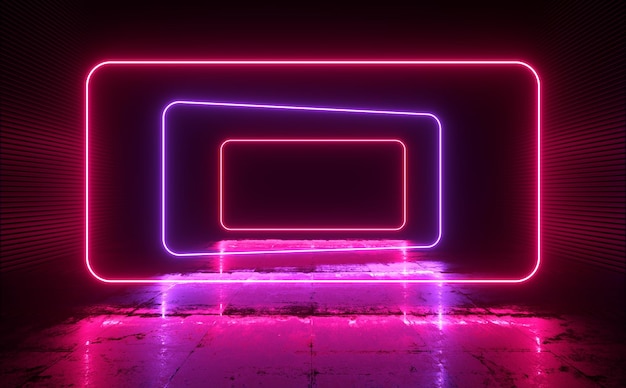 Nowoczesny Sci Fi futurystyczny prostokąt laserowy neon świecący na grunge betonowej podłodze renderowania 3d