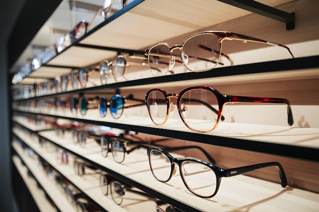 Nowoczesny sklep okulistyczny prezentuje różnorodne okulary w zbliżeniu