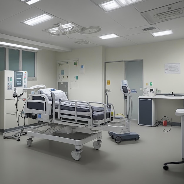 Nowoczesny sprzęt medyczny oświetla pusty oddział szpitalny generowany przez sztuczną inteligencję