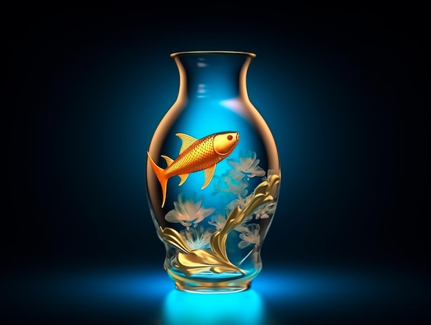 Nowoczesny styl szklanego wazonu wykonanego z pełnej wody i świecącej ryby halo wewnątrz wazonu w kolorze złotym i niebieskim
