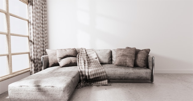 Nowoczesny styl z białą ścianą na drewnianej podłodze i rozkładanym fotelem na dywanie