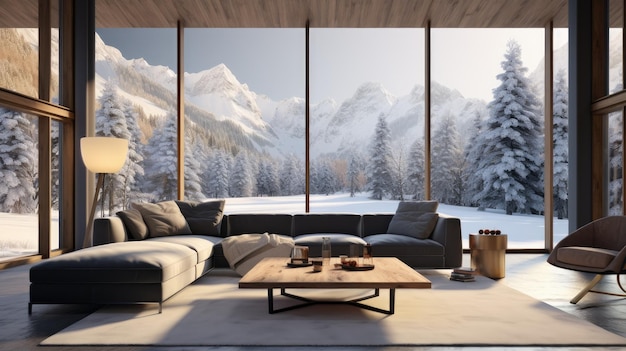 Nowoczesny stylowy salon z dużymi oknami i widokiem na zimowy krajobraz