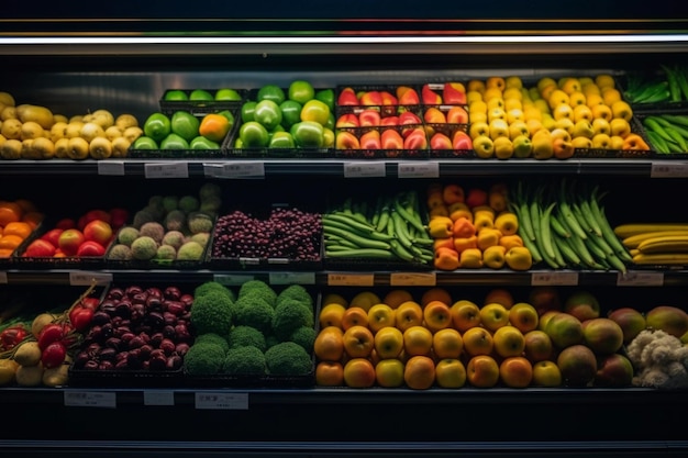 Nowoczesny supermarket z dużą ilością warzyw i owoców na wystawie