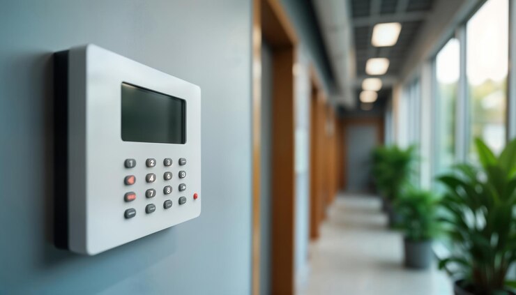 Zdjęcie nowoczesny system bezpieczeństwa na ścianie budynku wewnętrzny korytarz niewyraźne tło projekt technologiczny dom