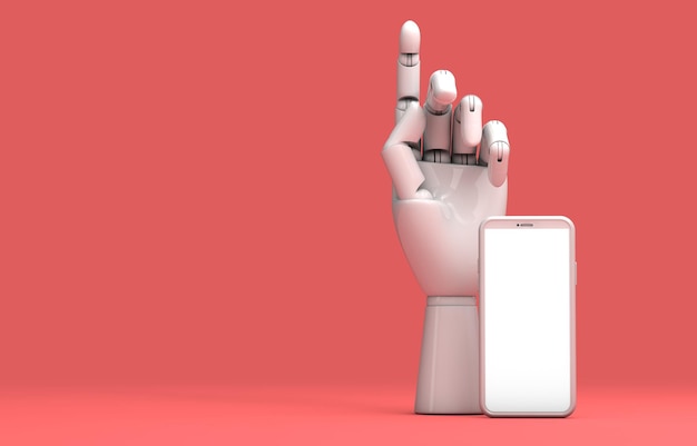 Nowoczesny szablon pustego ekranu smartfona z robotyczną ręką abstrakcyjna modna modna makieta Renderowanie 3D