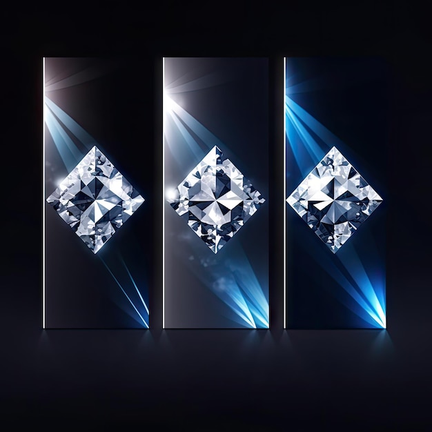 Nowoczesny sztandar trzy różnej wielkości diamenty wycinają najwyższą próbkę 3d
