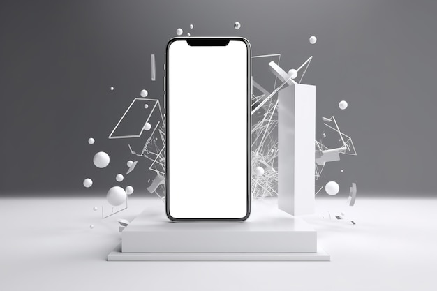 Nowoczesny telefon komórkowy makieta czarny smartfon z pustym białym ekranem do brandingu na kreatywnym geometrycznym tle Generative AI