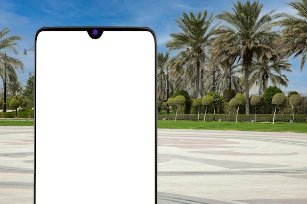 Nowoczesny telefon komórkowy z pustym ekranem przed pustą ulicą miasta z palmami renderowania 3d