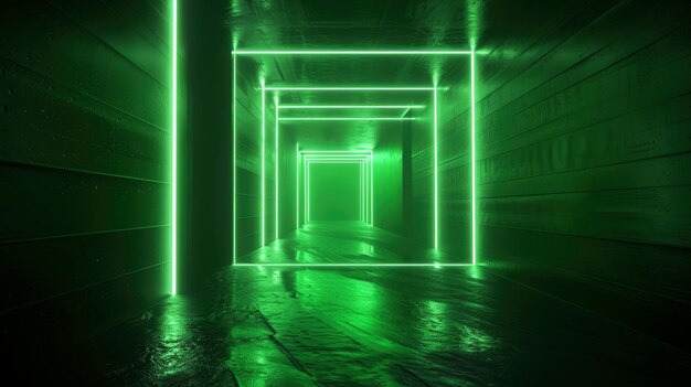 Nowoczesny tunel z liniami zielonego światła LED abstrakcyjny ciemny tło garażu Temat magazynu pomieszczenia studyjnego wewnętrzna technologia perspektywy