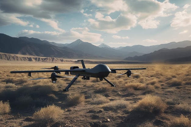Nowoczesny wojskowy czarny dron w polu Generative AI