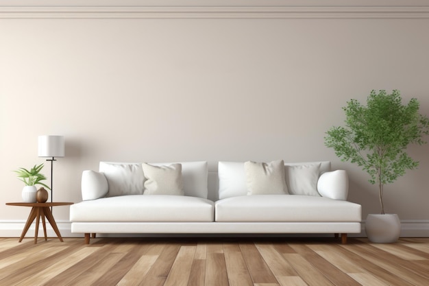Nowoczesny wystrój salonu z białą sofą i poduszkami oraz pustym tłem