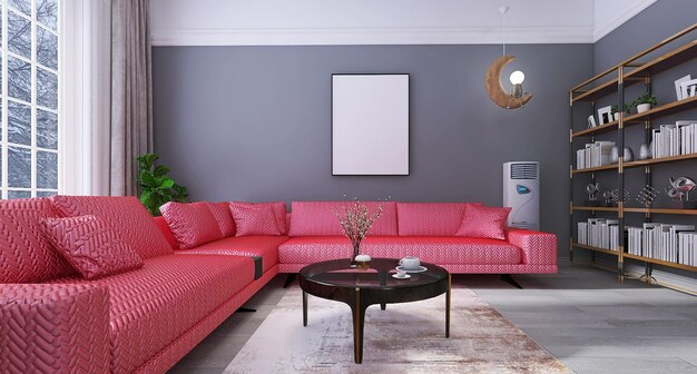 Nowoczesny wystrój wnętrz salonu z czerwoną sofą Pusta ramka plakatowa makieta stolik kawowy AC