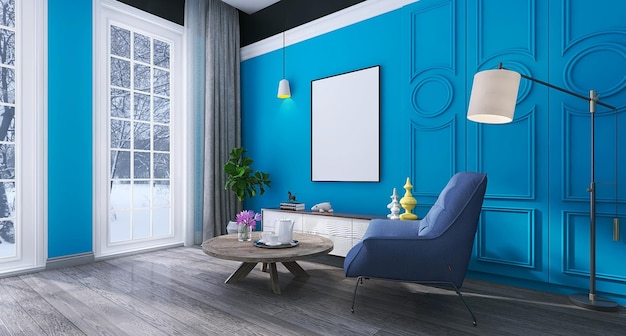 Nowoczesny wystrój wnętrz salonu z ramką na zdjęcia Makieta Sofa Okna Zasłony Stół śnieżny