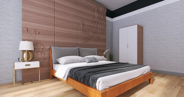 Nowoczesny wystrój wnętrz sypialni z szafą na łóżko i drewnianą ścianą tła