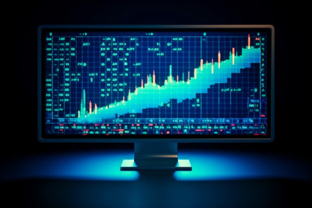 Nowoczesny wyświetlacz komputerowy z abstrakcyjnym wykresem finansowym koncepcja finansowa i handlowa Renderowanie 3D