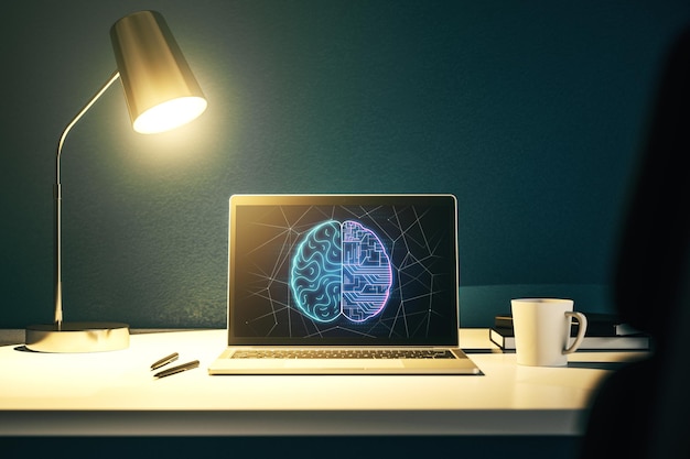 Nowoczesny wyświetlacz komputerowy z kreatywnym mikroukładem ludzkiego mózgu Przyszła technologia i koncepcja AI Renderowanie 3D