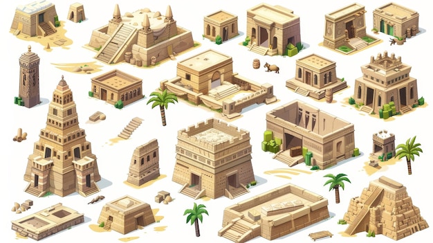 Nowoczesny zestaw starożytnych egipskich budynków z pałacem i twierdzą Stara ilustracja kreskówkowa kamiennego domu w starym Dubaju Izometryczna kolekcja arabskich architektonicznych zasobów do gier