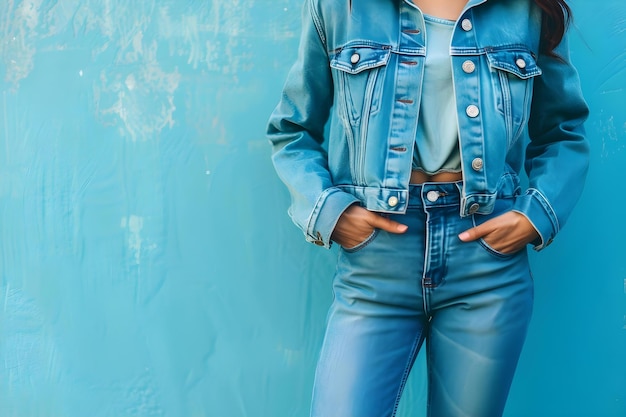 Zdjęcie nowoczesny zwrot klasycznego wyglądu z podwójnym dżinsem w jasnoniebieskim concept denim fashion modern twist double denim bright blue classic look