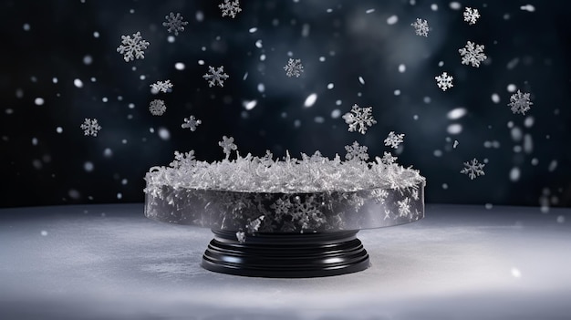 Noworoczna scena świąteczna 3d z okrągłym podium i płatkami śniegu