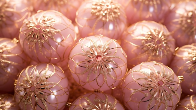 Noworoczne bombki delikatne złote i różowe ozdoby na tle choinki