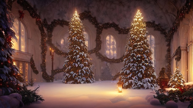 Noworoczny ogród zimowy z dekorowanymi choinkami światła girlandami Świąteczne dekoracje noworoczne świąteczne miasto Boże Narodzenie latarnie zdobione uliczne zima śnieg pocztówka ilustracja 3D