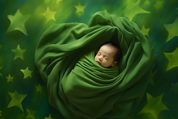 noworodek na zielonym tle śpi na koce
