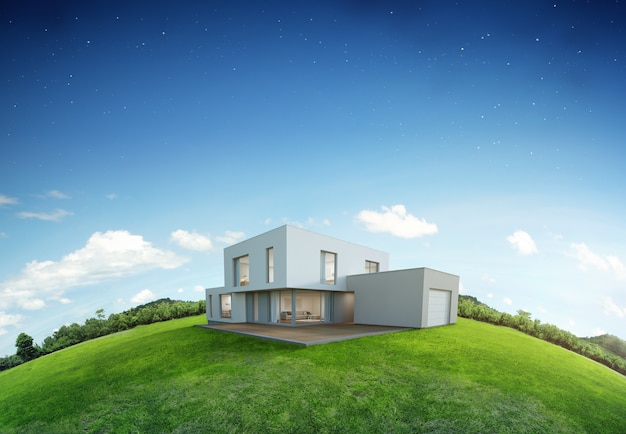 Nowożytny dom na ziemskiej i zielonej trawie z niebieskiego nieba tłem.