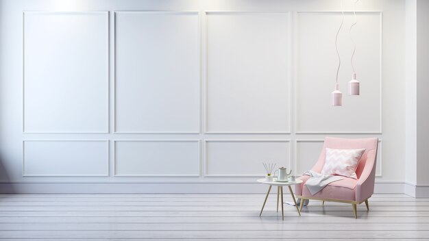 Zdjęcie nowożytny klasyczny wnętrze żywy pokój, światło - różowa kanapa na białym pokoju, 3d rendering