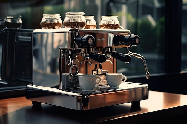 Nowy błyszczący ekspres do kawy w kawiarni jest gotowy do robienia kawy