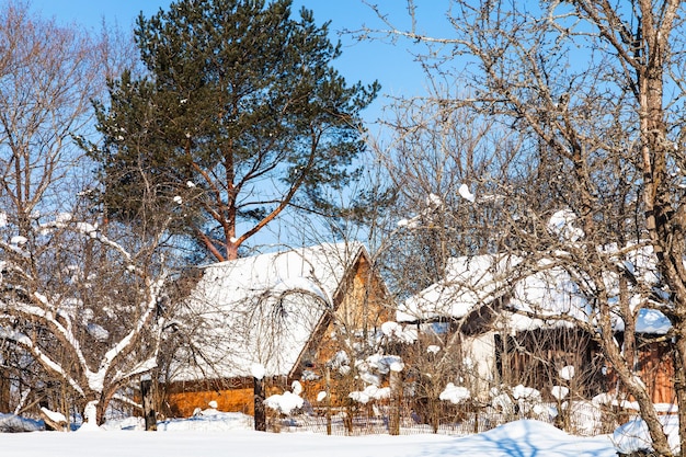 Nowy drewniany domek w rosyjskiej wiosce zimą