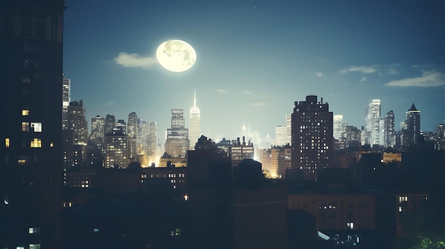 Zdjęcie nowy jork i księżyc oświetlone nocną ilustracją