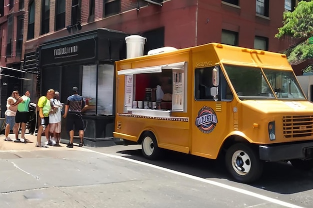 Zdjęcie nowy jork, usa 2 sierpnia 2018 food truck zamknięty z ludźmi w brooklynie