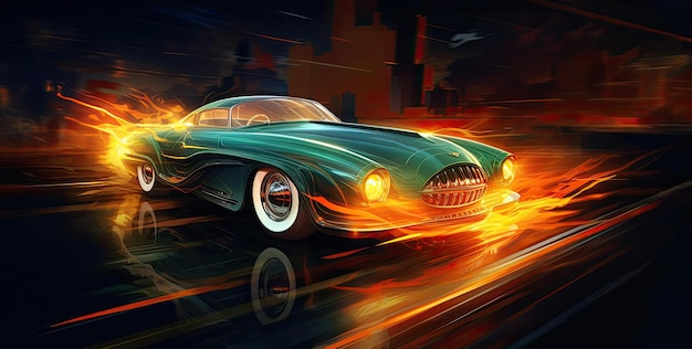 Nowy model samochodu jeździ przez powietrze z światłami na swojej drodze w stylu speedpainting