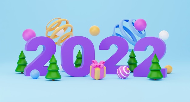 Zdjęcie nowy rok 2022 transparent. renderowania 3d, abstrakcyjne kolorowe tło geometryczne, wielobarwne kulki, balony, prymitywne kształty, minimalistyczny design. kartkę z życzeniami wesołych świąt i szczęśliwego nowego roku