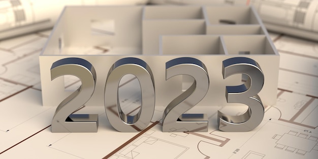Zdjęcie nowy rok 2023 srebrny numer na planie projektu budowlanego biuro inżyniera architekta
