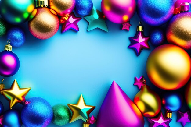 Nowy rok koncepcja drewniane dekoracje świąteczne na niebieskim tle z kolorowymi konfetami