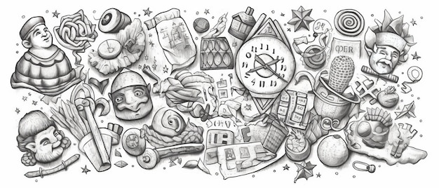 Zdjęcie nowy rok motywowane amulety szczęścia ręcznie narysowane ilustracja rysunku linii na białym tle