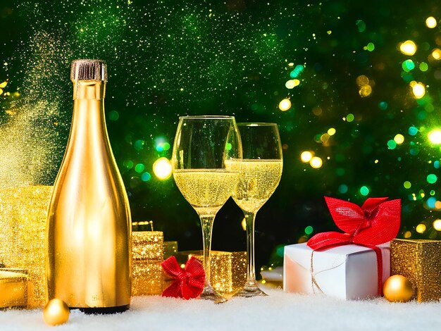 Nowy rok tło Nowy rok karty świąteczne z jasnymi światłami prezenty i butelkę szampana obraz do