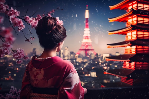Nowy Rok w Tokio Tokyo Tower kwiaty wiśni sushi gejsze tradycyjne japońskie stroje