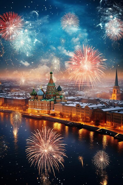 Nowy Rok z fajerwerkami nad miastem świąteczna atmosfera