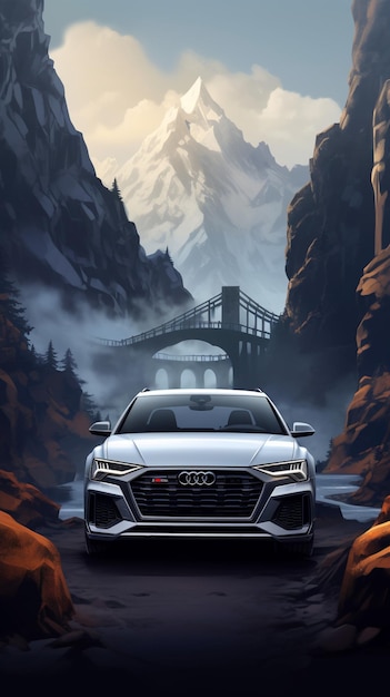 Nowy samochód koncepcyjny Audis jest zaparkowany przed górskim generatorem AI