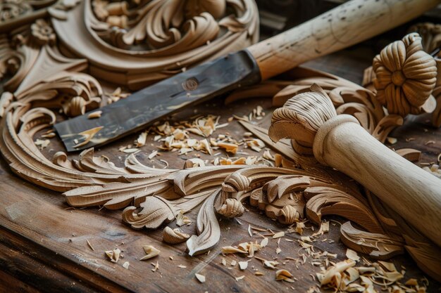 Nóż i niektóre narzędzia do rzeźbienia drewna na stole