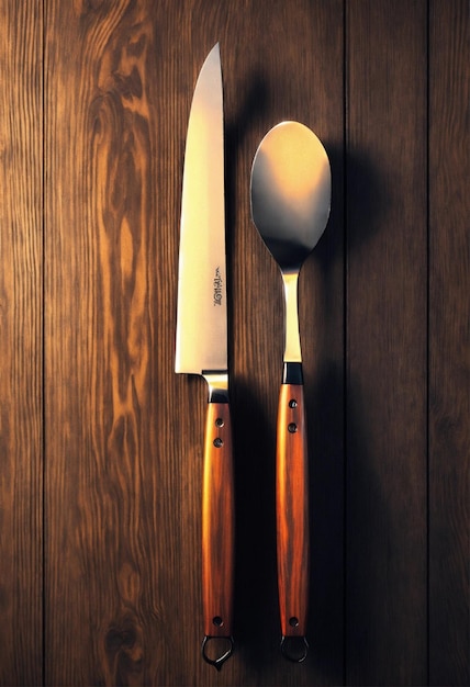 Nóż i nóż są na drewnianym stole.