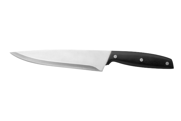 Nóż kuchenny szefa kuchni na białym tle Ostry nóż kuchenny rzeźnika ze stali nierdzewnej z czarną plastikową rączką