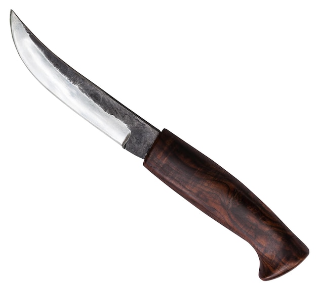 Zdjęcie nóż z ciemnobrązową drewnianą rączką na białym tle