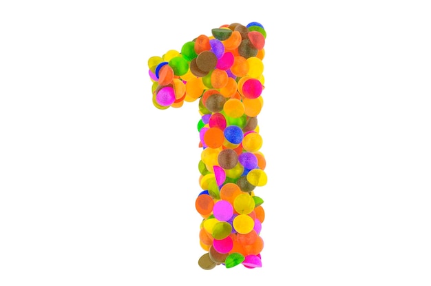 Numer 1 z kolorowych cukierków marmeladowych 3D wyizolowany na białym tle